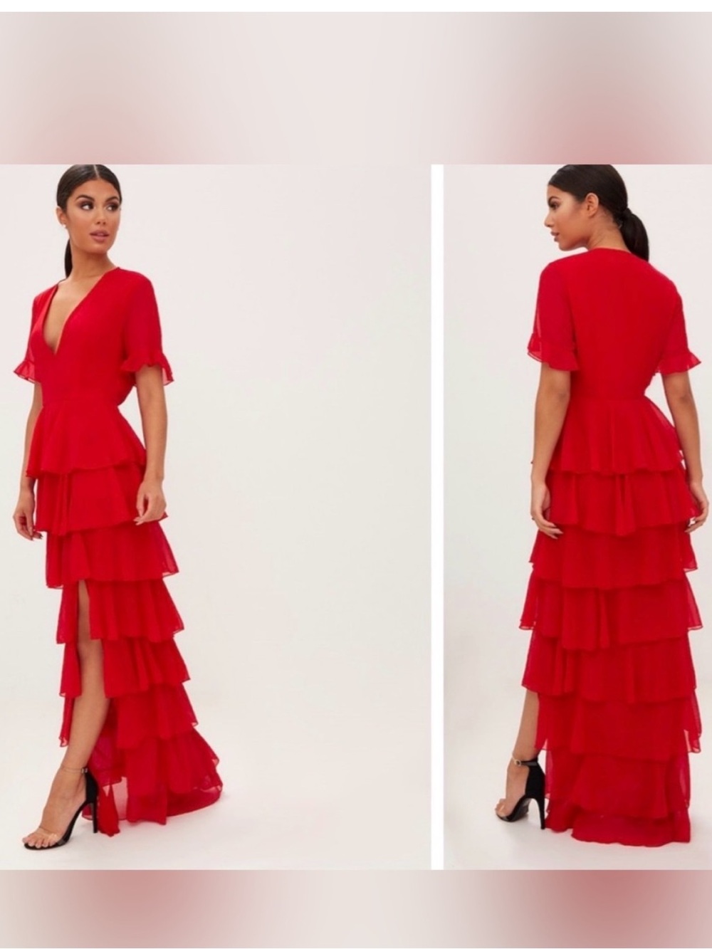 Red Tiered Ruffle V-Neck Dress